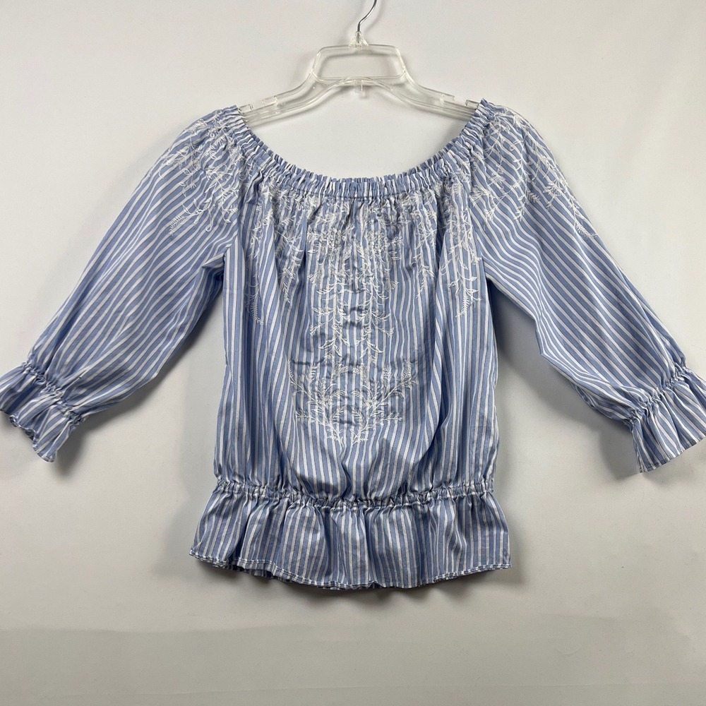 White House Black Market Blouse Womens M Blue Striped Peasant Top Embroidered